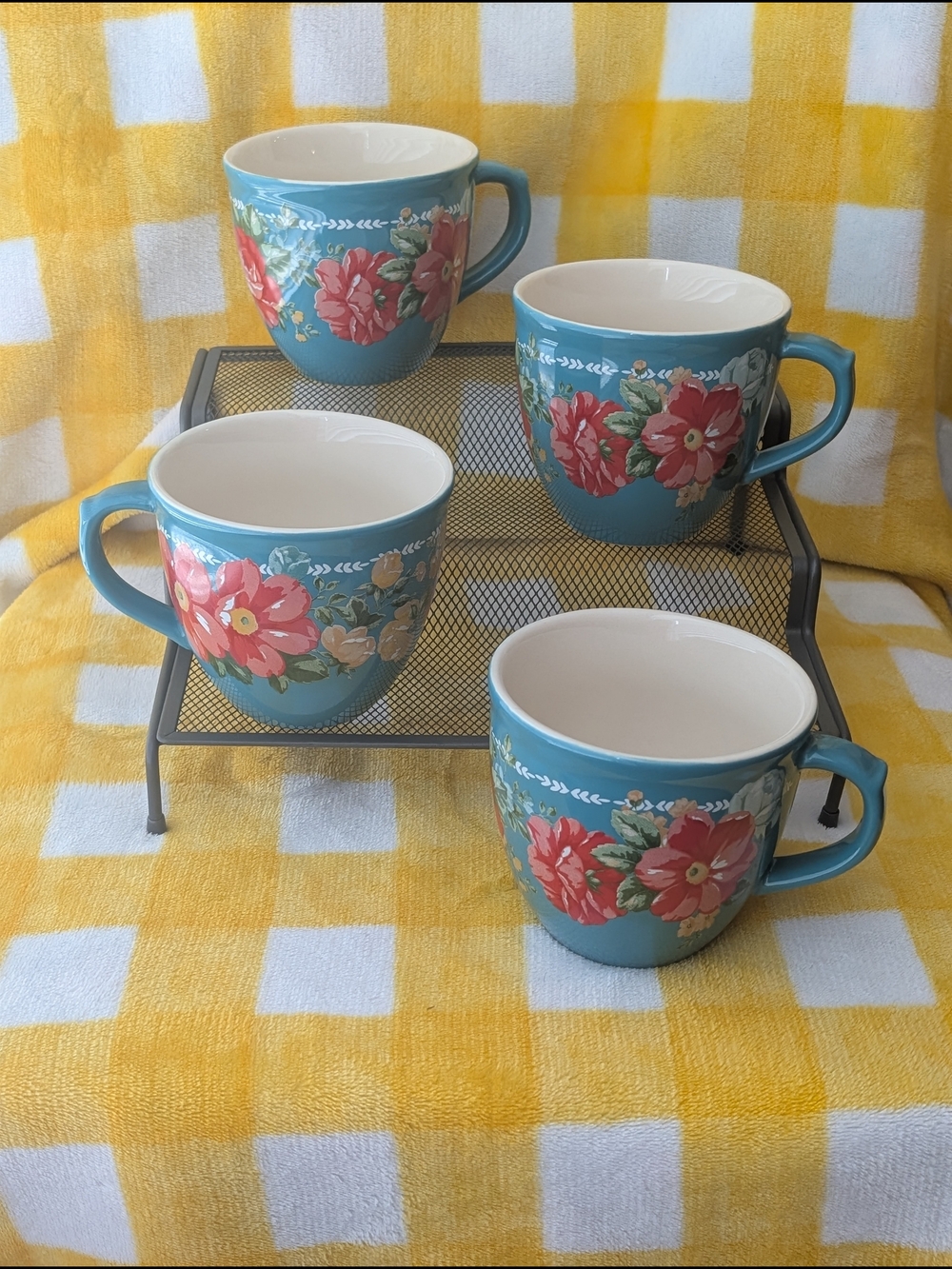 The Pioneer Woman Vintage Floral Turquoise Ceramic Mugs  with Red &Pink Flowers
